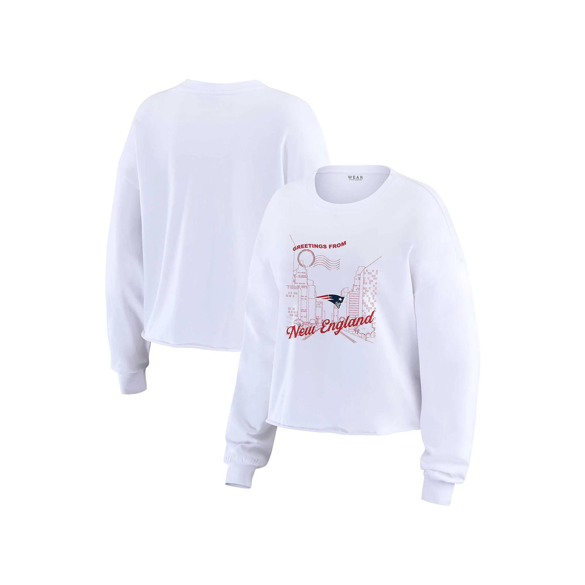 Women's WEAR by Erin Andrews White New England Patriots Postcard Cropped Long Sleeve Top, Size: 2XL Product Image