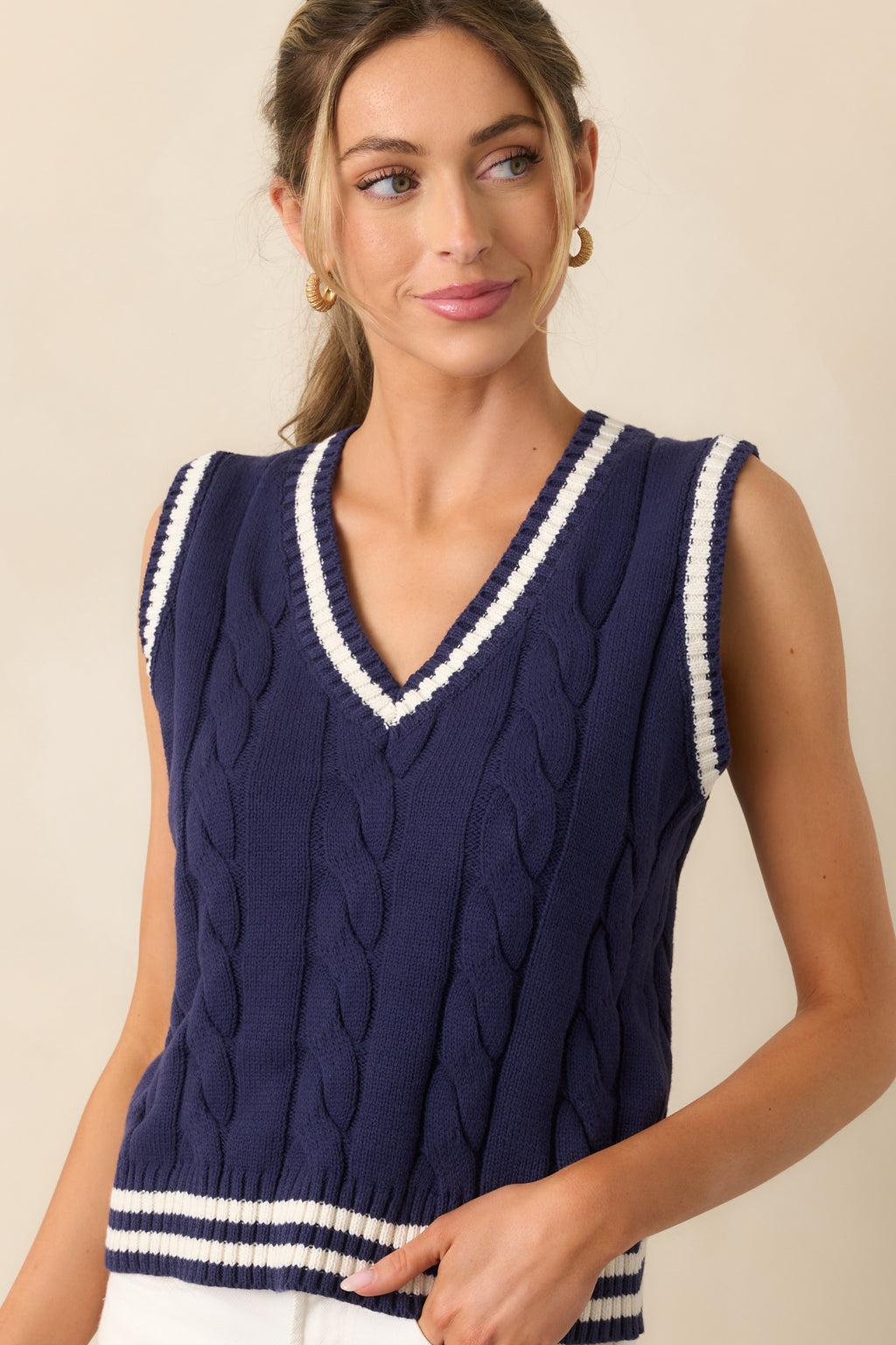 Let's Go For A Walk Navy Knit Sweater Vest Product Image