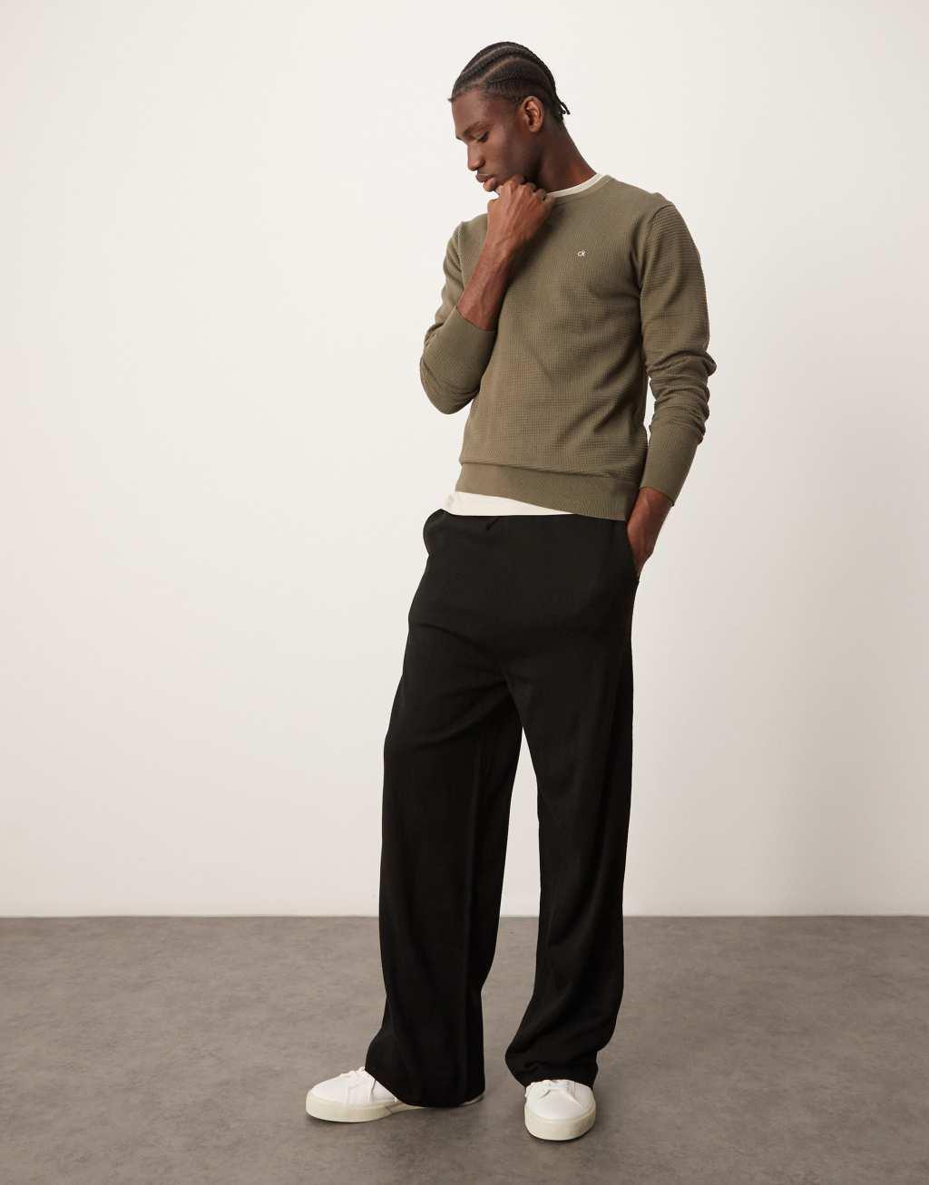 Calvin Klein waffle knit sweater in olive green Product Image