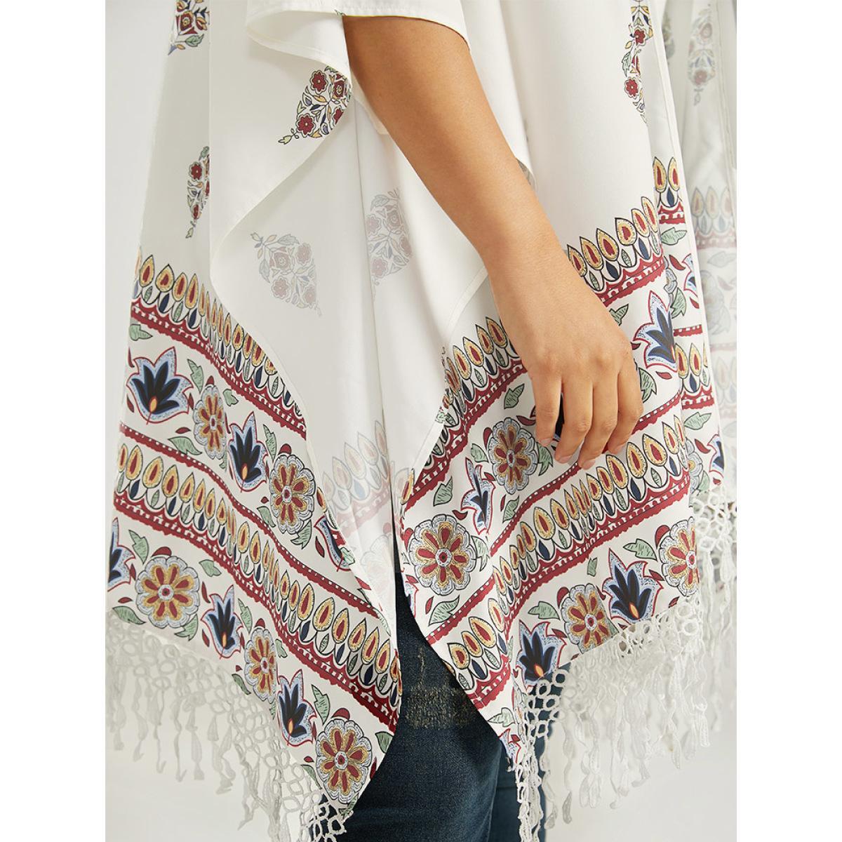 Plus Size Boho Print Asymmetrical Hem Tassel Trim Drape Kimono Women Ivory Casual Drape Loose Dailywear Kimonos BloomChic 30/6X Product Image