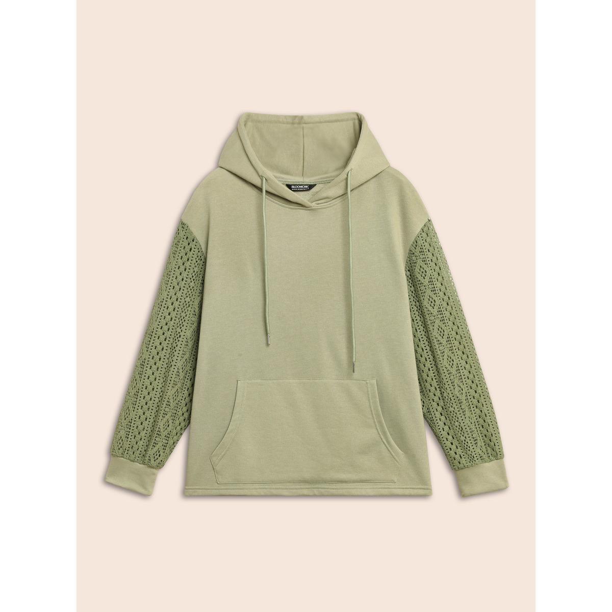 Plus Size Lace Patchwork Hooded Drawstring Sweatshirt Women Sage Casual Patchwork Hooded Everyday Sweatshirts BloomChic 22-24/3X Product Image
