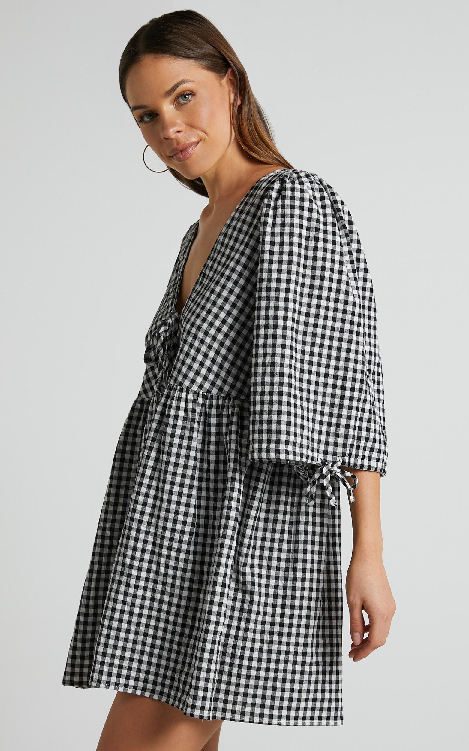 Rosita Mini Dress - Tie Front Puff Sleeve Dress in Black and White Check Product Image