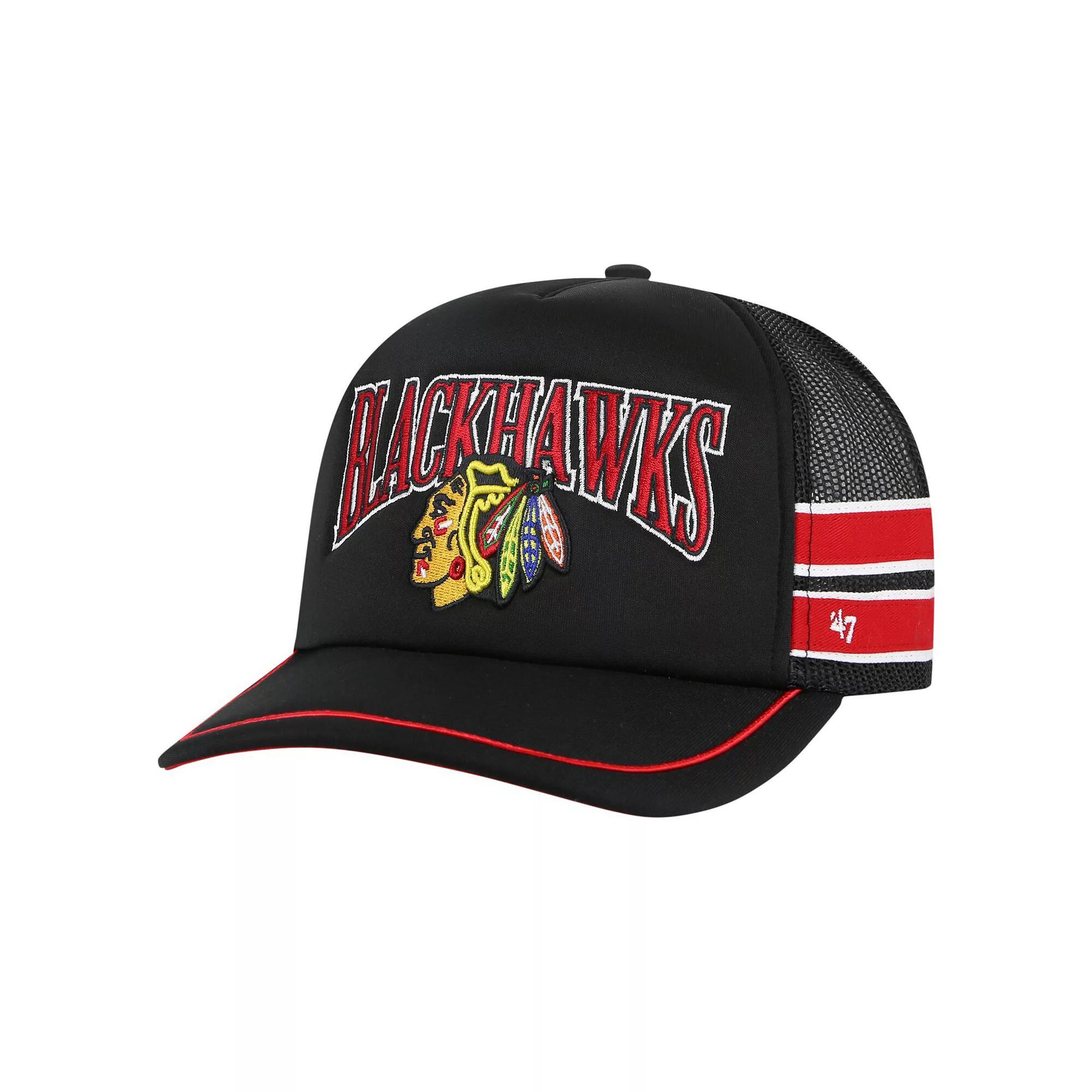Men's '47 Black Chicago Blackhawks Sideband Stripes Trucker Snapback Hat Product Image