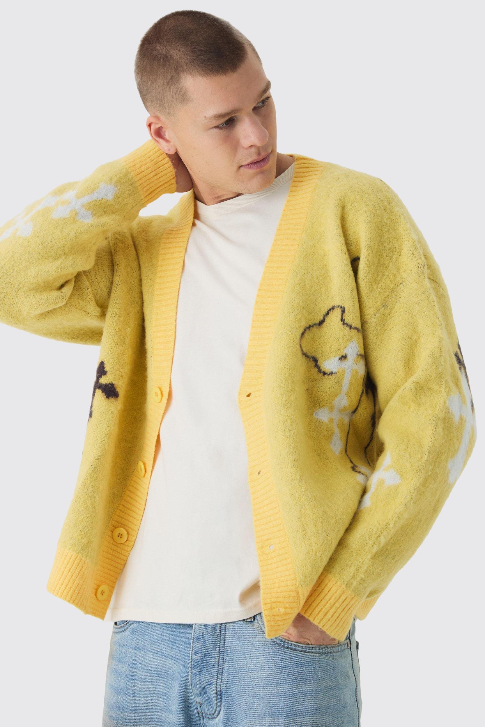 Mens Oversized Boxy Cross Brushed Knitted Cardigan - Yellow Product Image