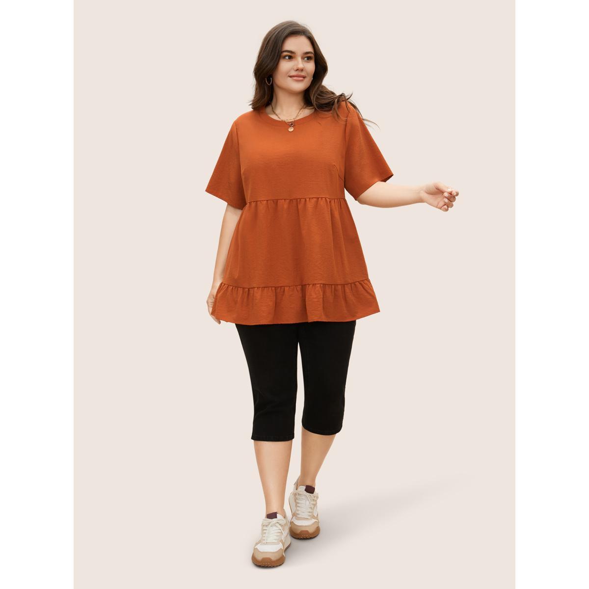 Plus Size Rust Solid Crew Neck Ruffle Hem Blouse Women Casual Short sleeve Round Neck Everyday Blouses BloomChic 14-16/1X Product Image