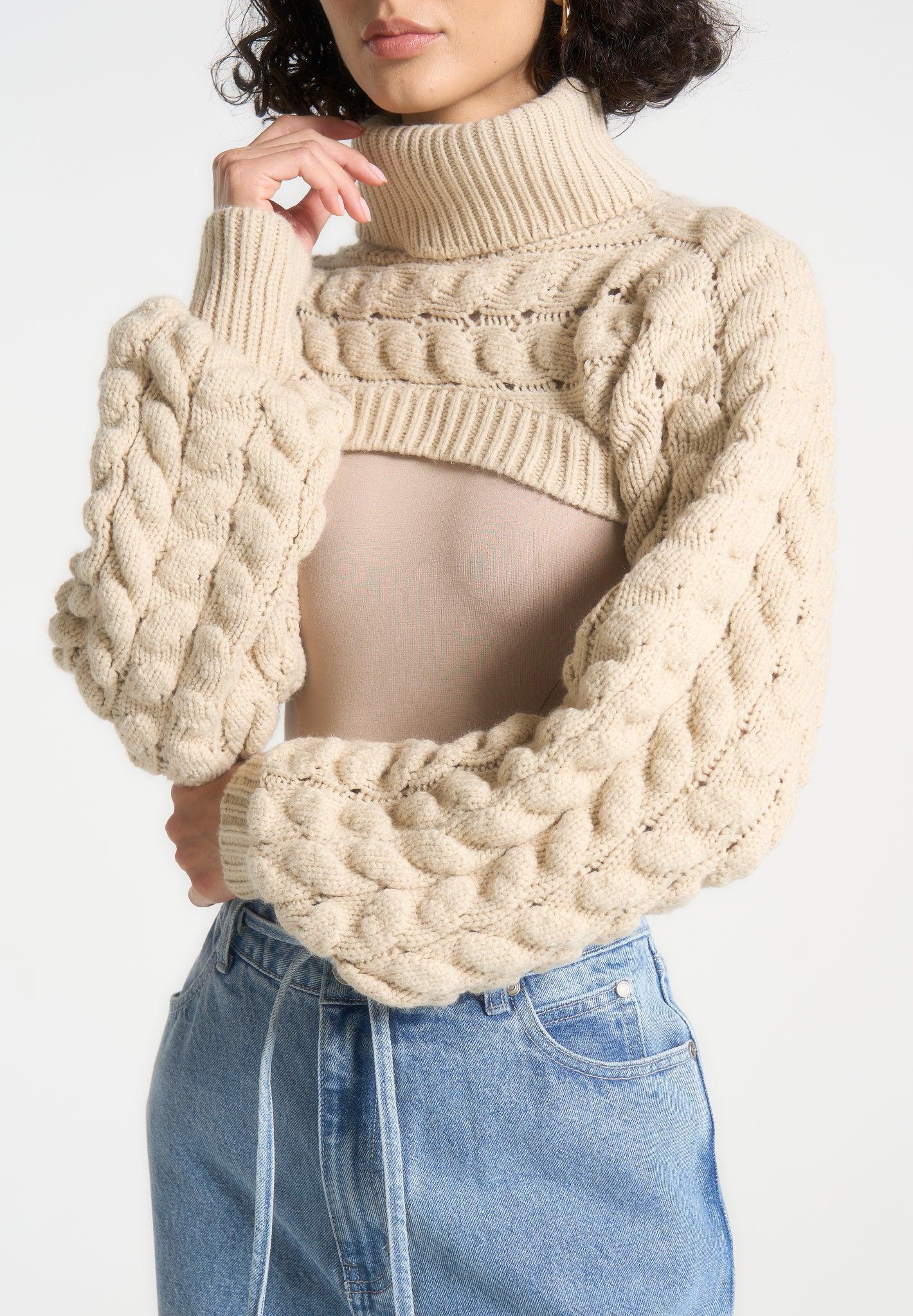 Turtleneck Cable Knit Arm Warmers - Beige Female Product Image