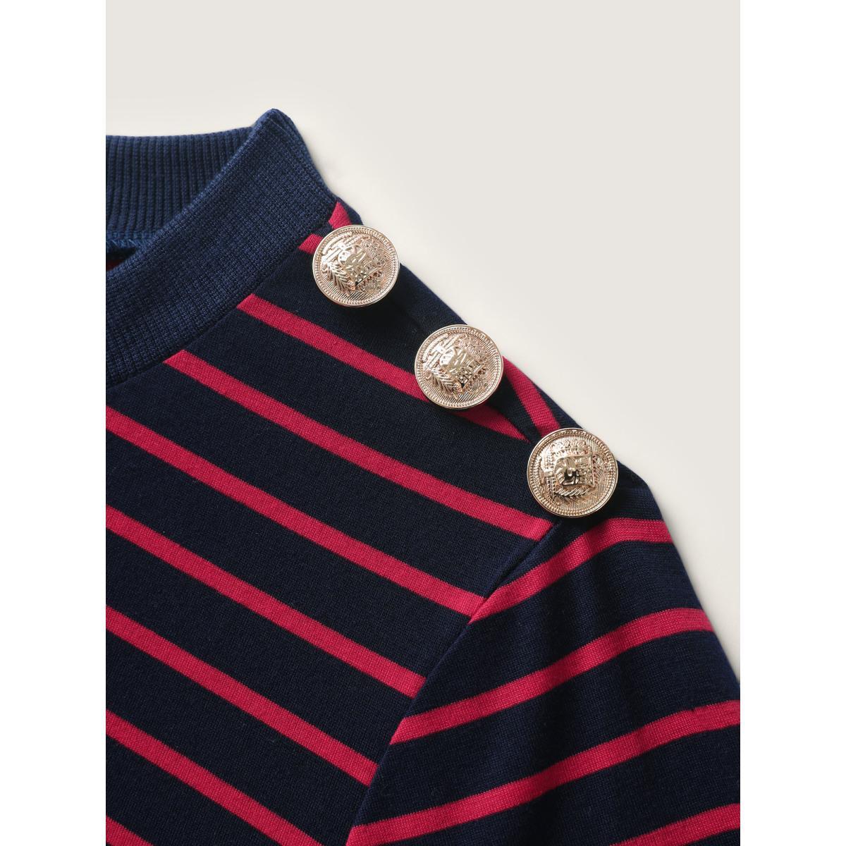 Plus Size Striped Three-Quarter Sleeve Sweatshirt Women Indigo Contrast Round Neck Work Sweatshirts BloomChic 10/M Product Image