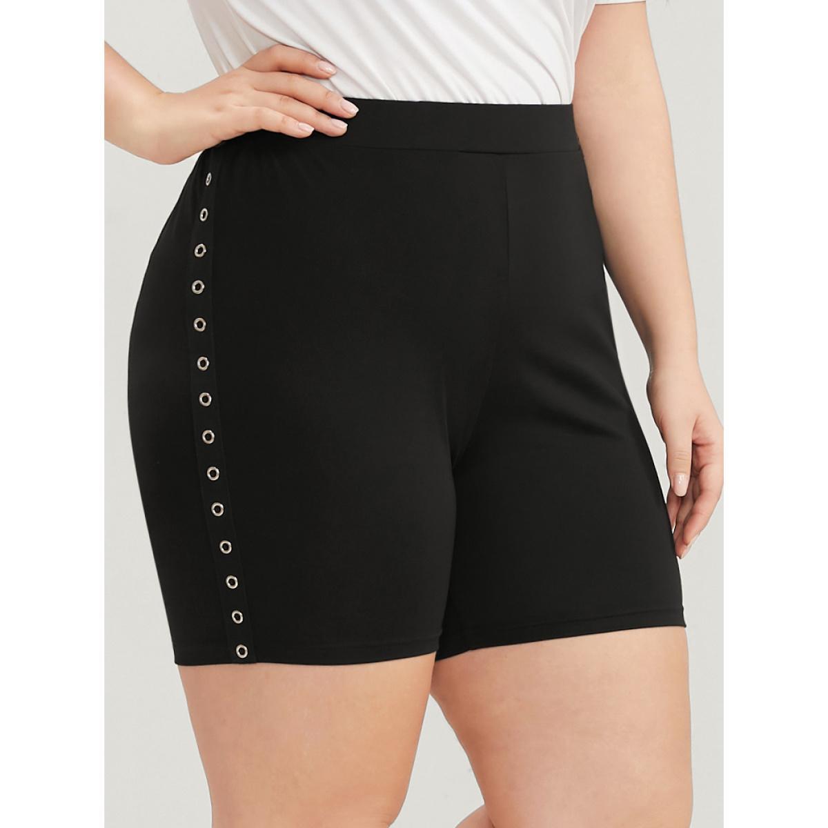 Plus Size Plain Studded Detail Elastic Waist Shorts Women Black Casual Low stretch Skinny High Rise Dailywear Leggings BloomChic 22-24/3X Product Image