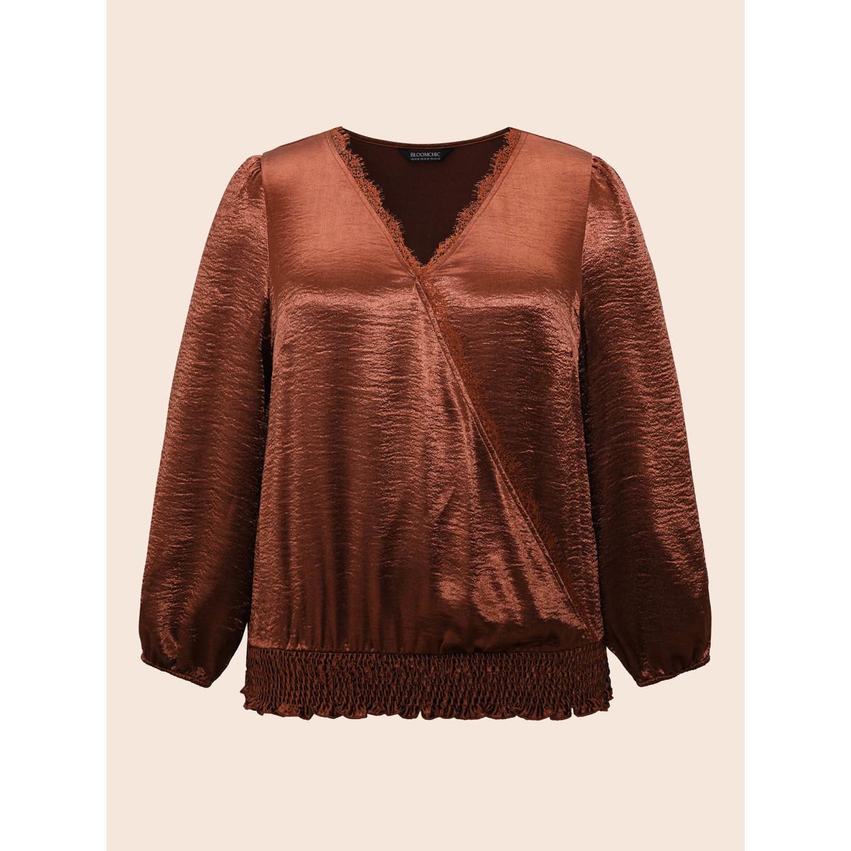 Plus Size Browncoffeecolor Overlap Collar Shirred Lace Trim Blouse Women Cocktail Long Sleeve Overlap Collar Party Blouses BloomChic 14-16/1X Product Image