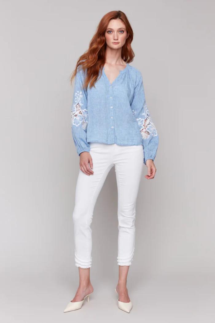 Cotton-Linen Button-Front Blouse with Embroidery Product Image