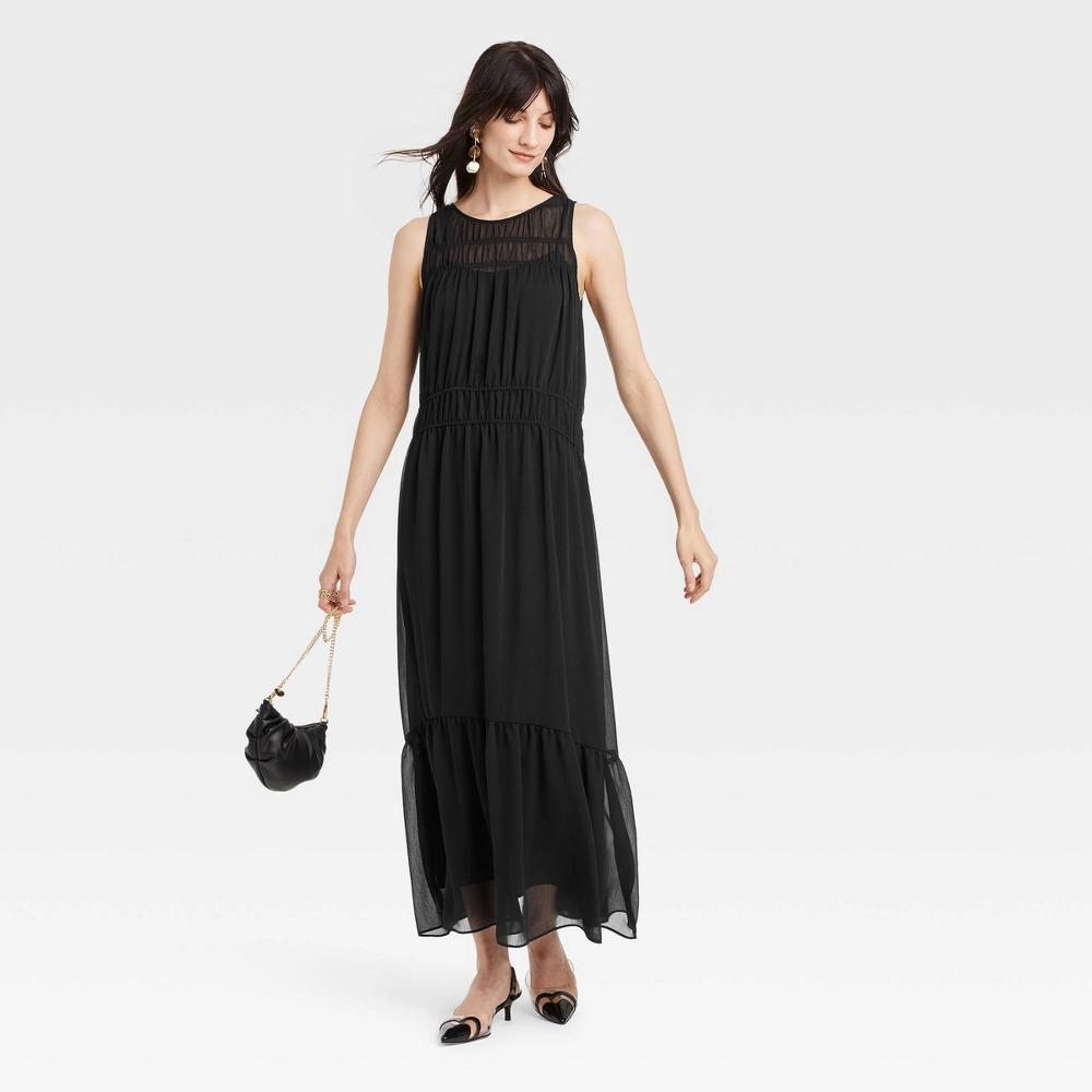 Women's Sheer Chiffon Maxi Dress - A New Day™ Black L: Sleeveless Crew Neck, Keyhole Back, Side Pocket Product Image