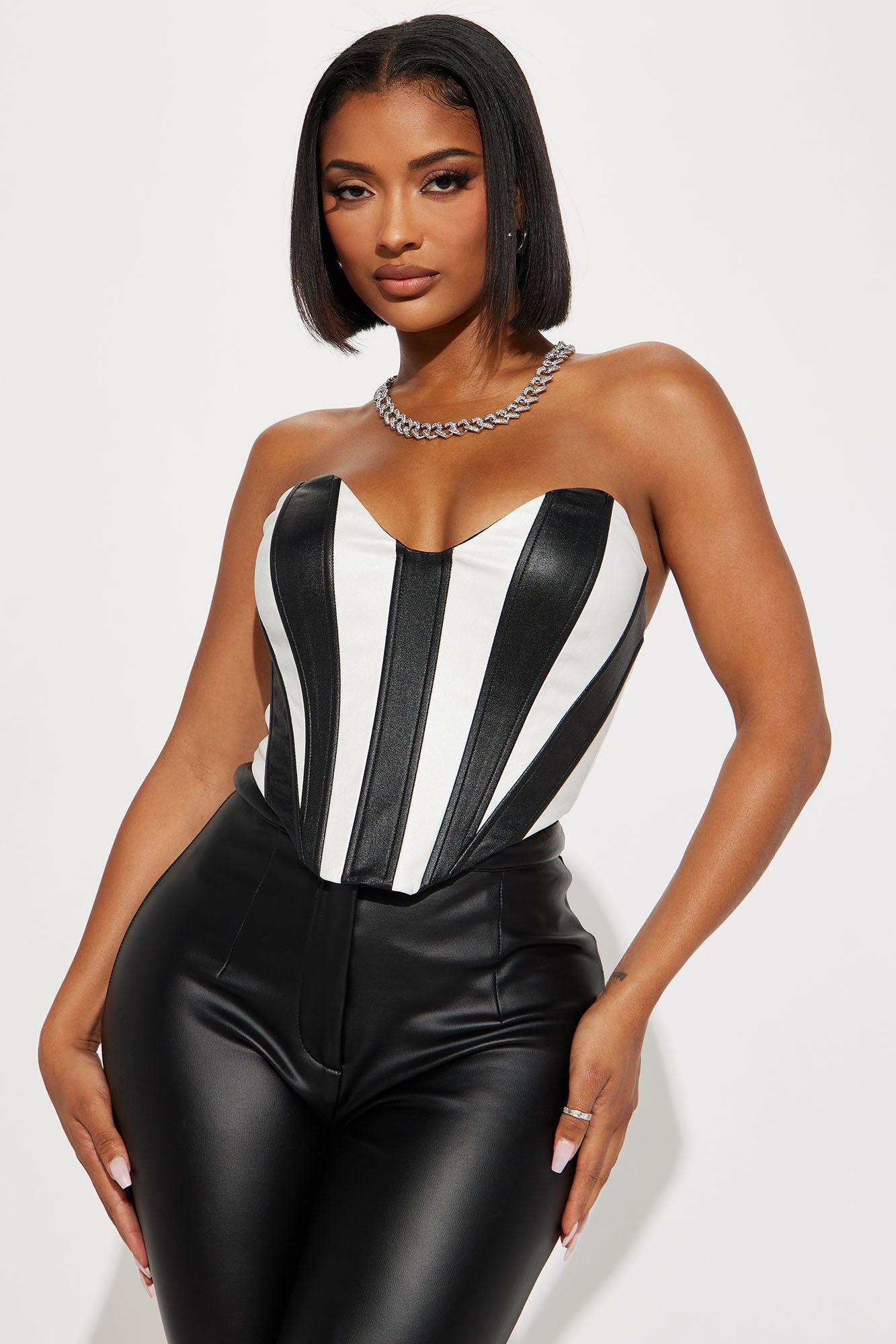 Love & Affection Faux Leather Corset Top - Black/White Product Image