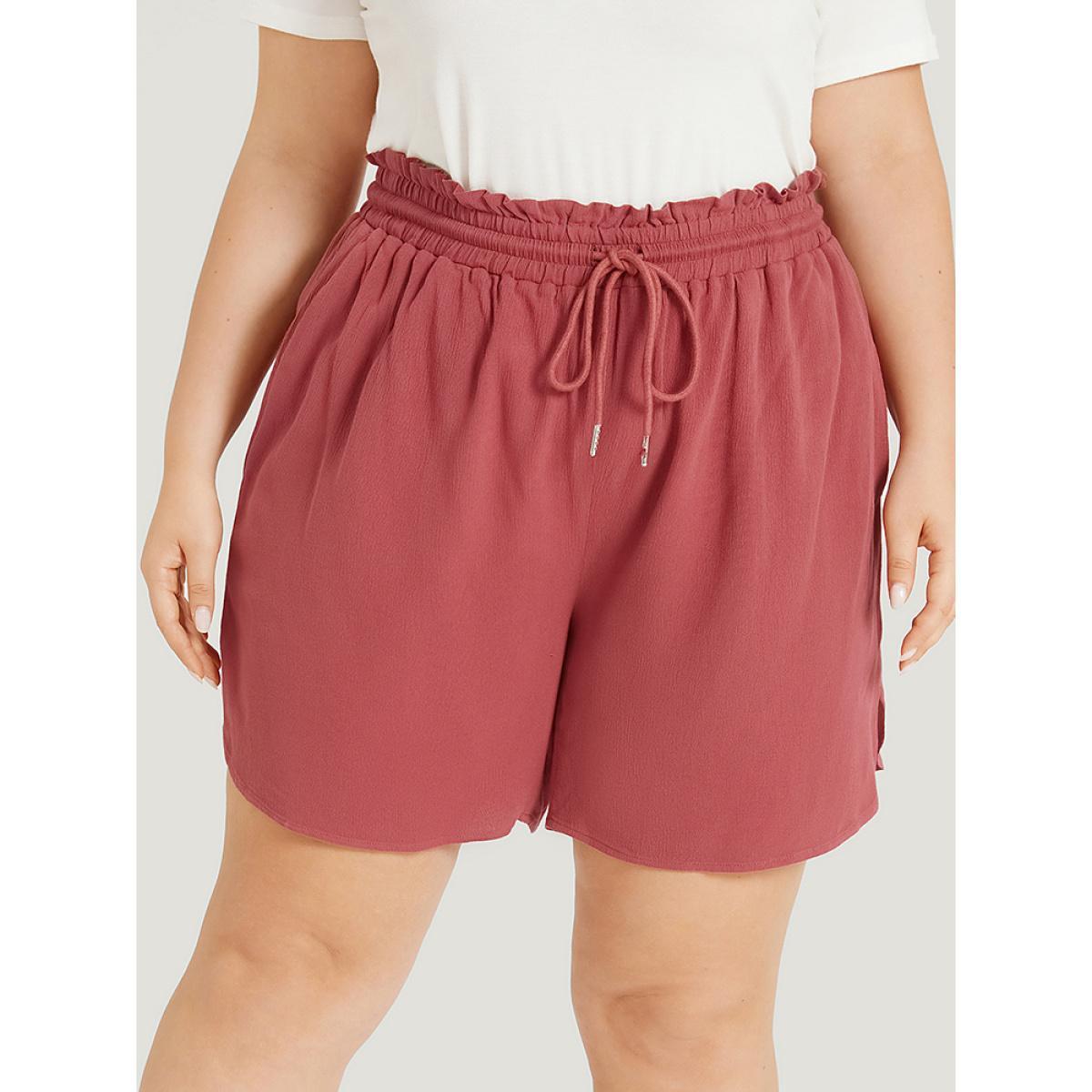 Plus Size Plain Textured Pocket Paperbag Waist Drawstring Split Side Shorts Women Russet Elegant Plain Dailywear Shorts BloomChic 12/L Product Image