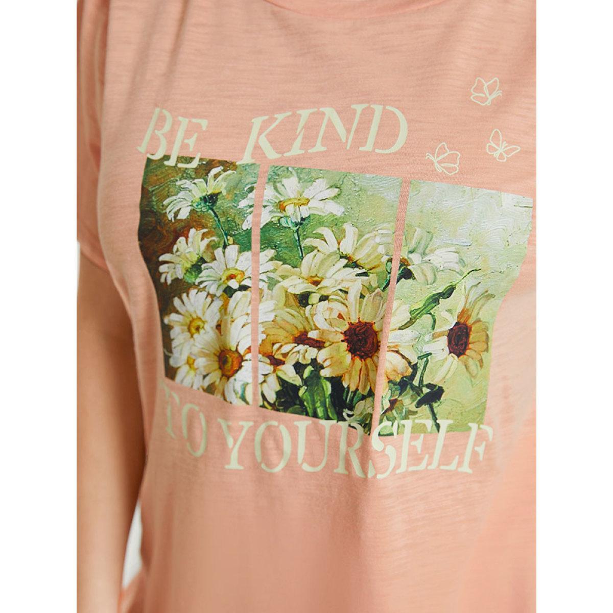 Plus Size Daisy Floral & Letter Priint Round Neck T-shirt Crepe Women Elegant Natural Flowers Dailywear T-shirts BloomChic 18-20/2X Product Image
