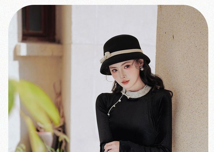 Long Sleeve Stand Collar Plain Lace Trim Midi A-Line Dress Product Image