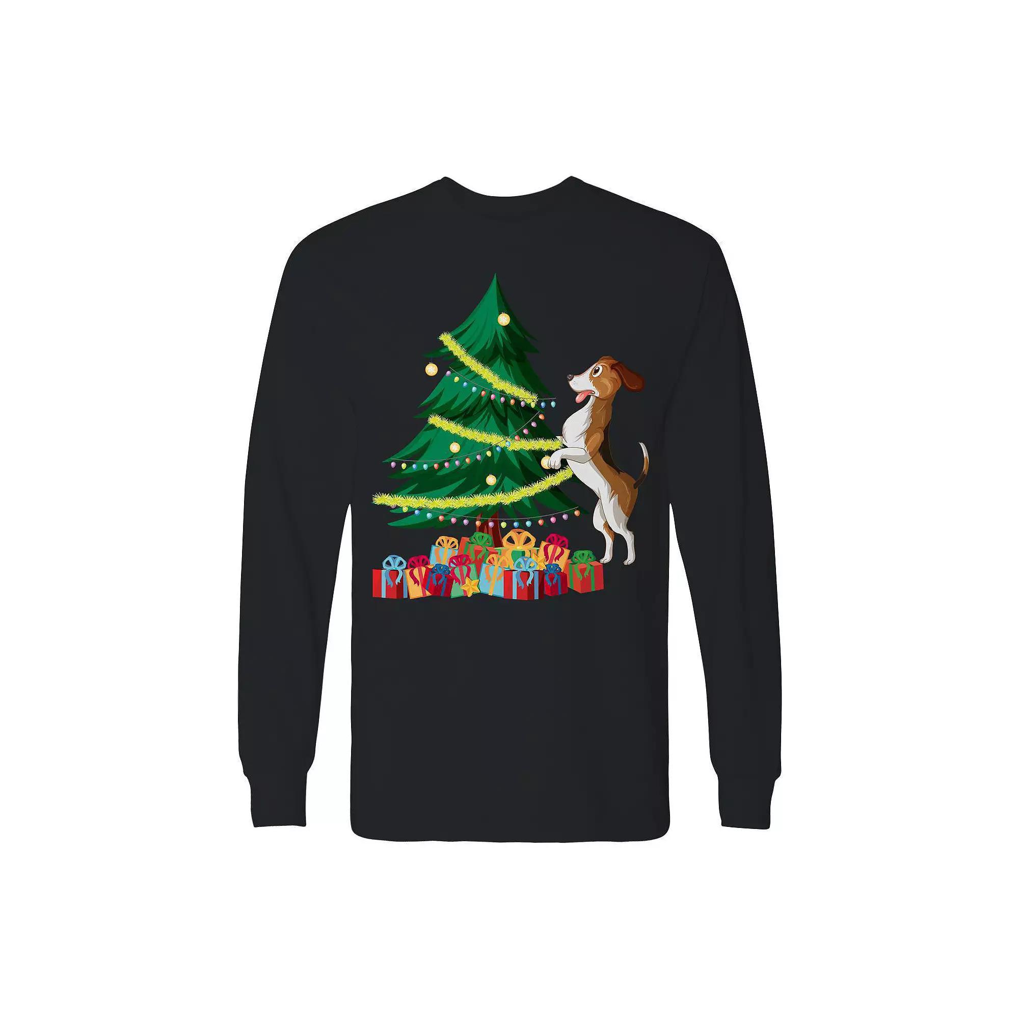 Men's Christmas Tree Dog Long Sleeve Graphic Tee, Size: Medium, Black Product Image