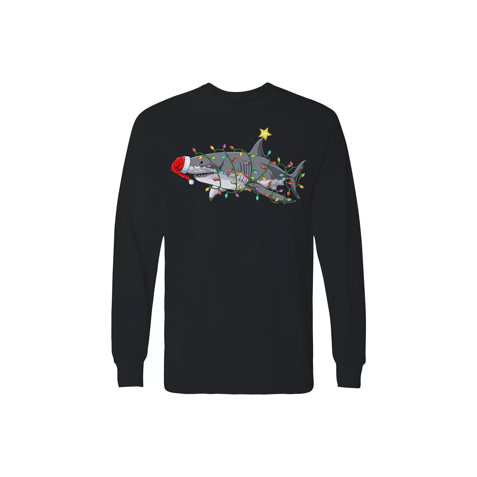 Men's Christmas Light Shark Long Sleeve Graphic Tee, Size: Large, Black Product Image