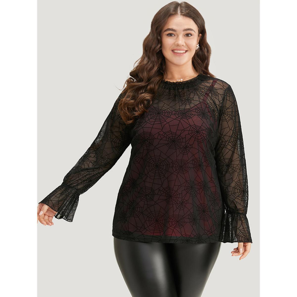 Plus Size Black Halloween Spider Web Mesh Bell Sleeve Blouse Women Elegant Long Sleeve Halter neck Festival-Halloween Blouses BloomChic 22-24/3X Product Image