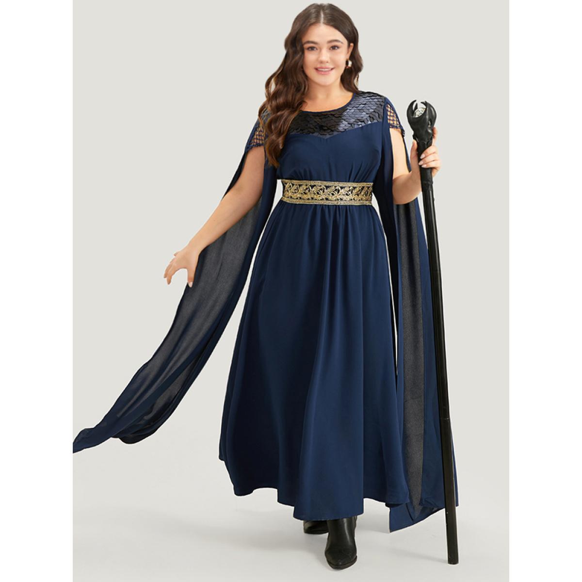Plus Size Halloween Sequin Detail Embroidered Cut Out Dress DarkBlue Women Elegant Patchwork Round Neck Sleeveless Curvy Long Dress BloomChic 30/6X Product Image
