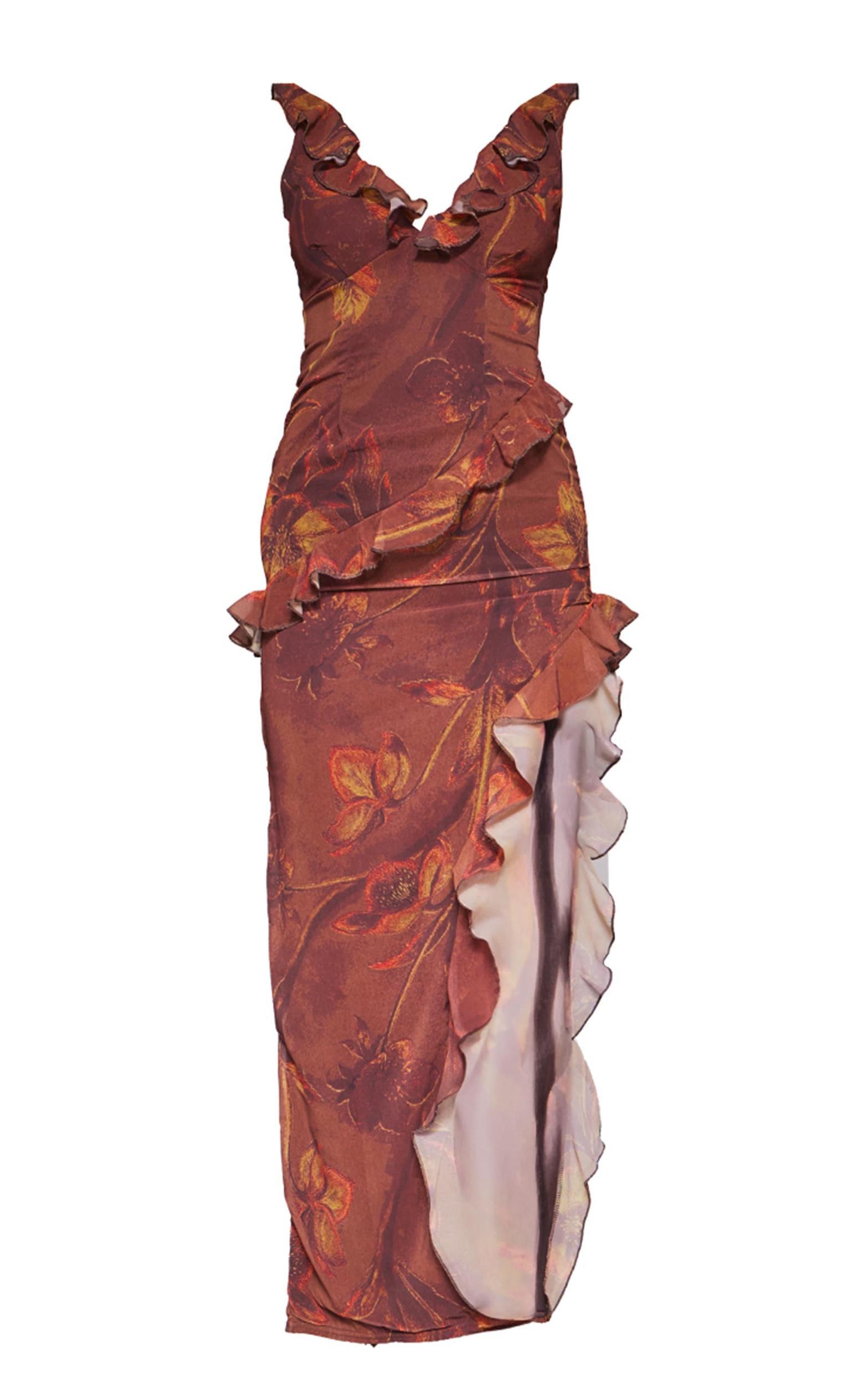 Brown Floral Asymmetric Frill Split Maxi Dress Product Image