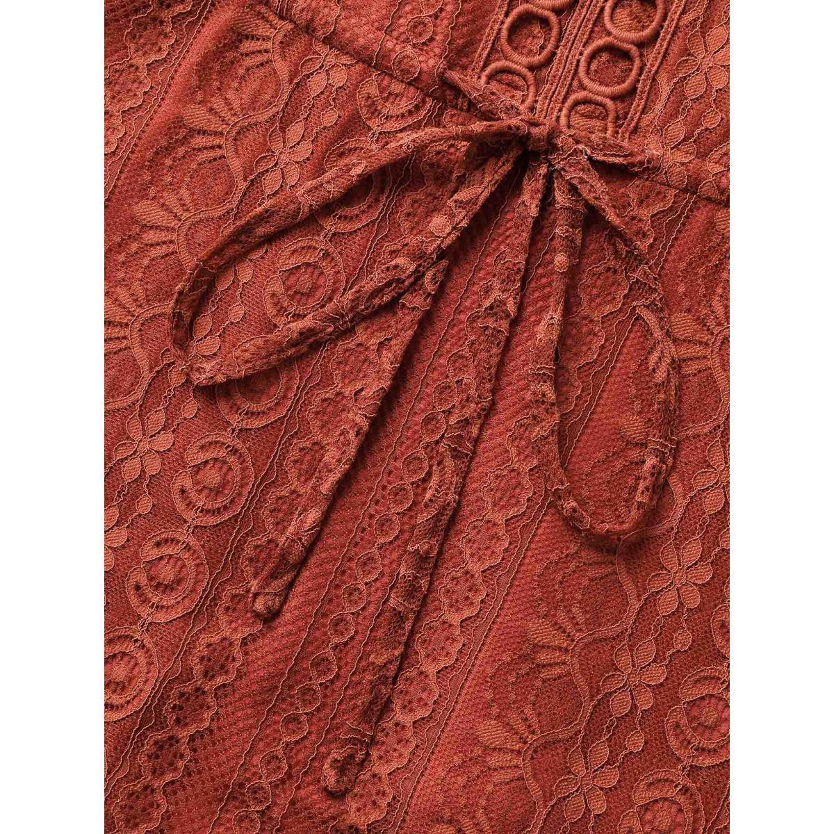 Plus Size Russet V Neck Lace Panel Drawstring Blouse Women Elegant Short sleeve V-neck Everyday Blouses BloomChic 30/6X Product Image