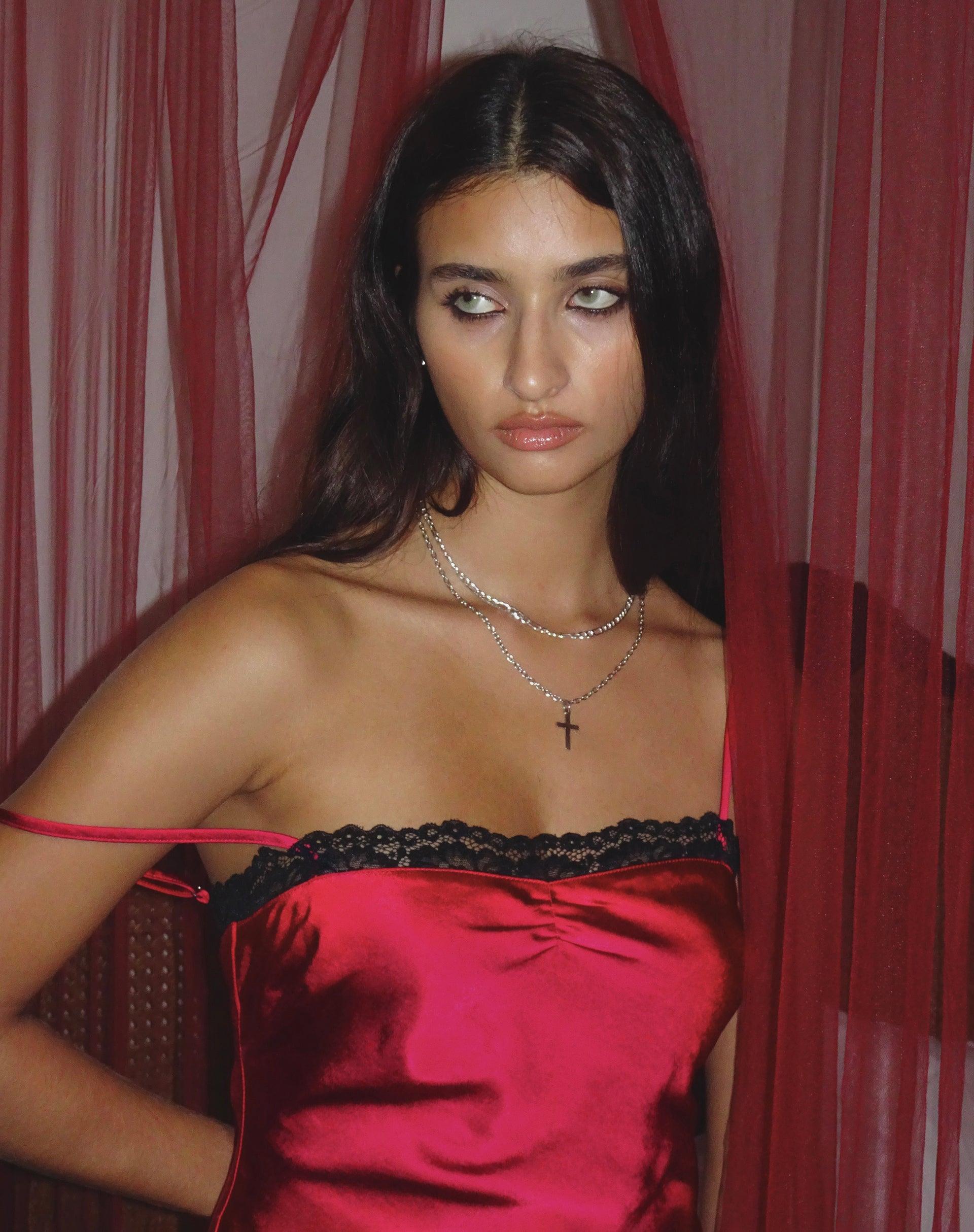 Larna Satin Mini Dress in Red with Black Lace Trimming Female Product Image