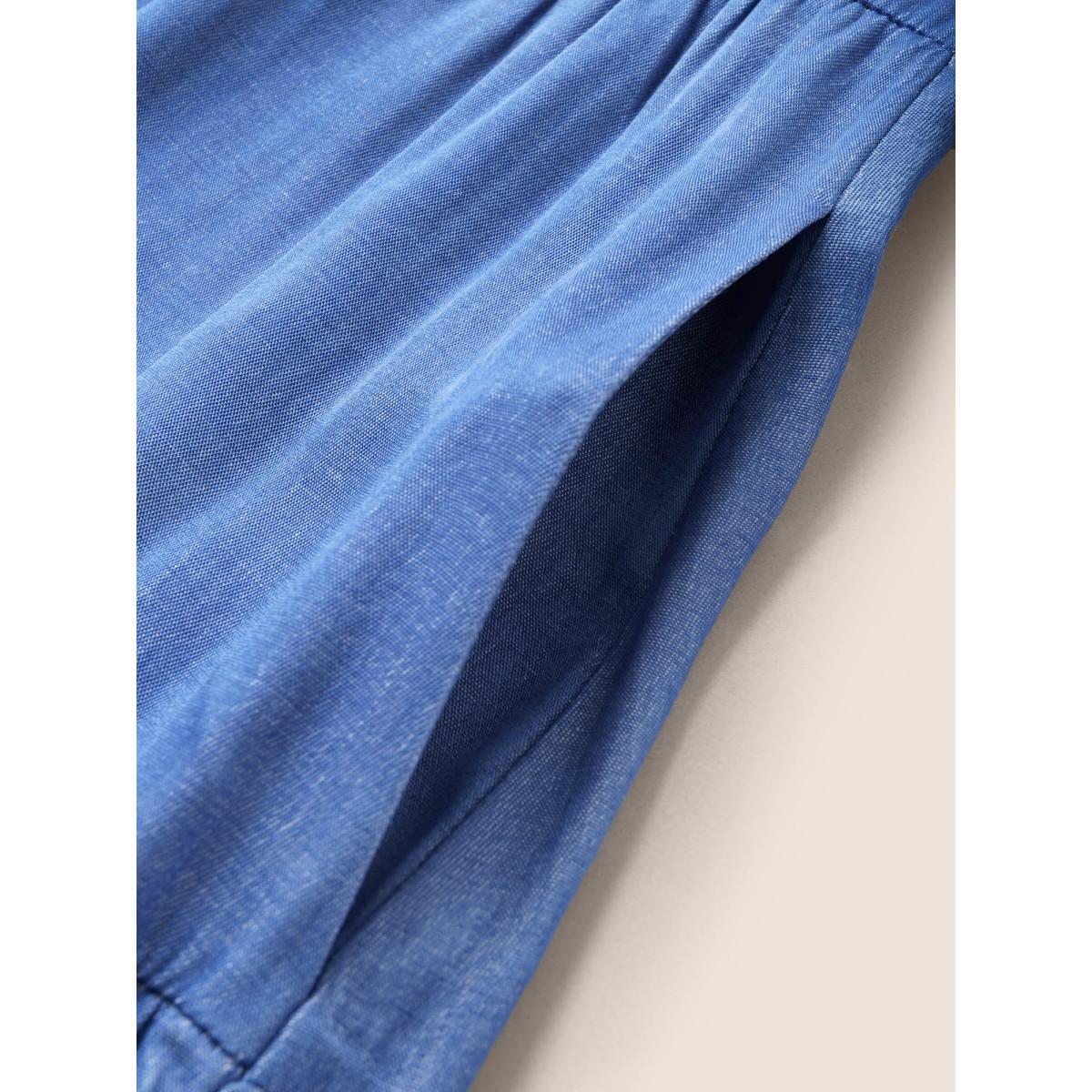 Plus Size Plain Button Detail Layered Hem Ruffle Cap Sleeve Dress Blue Women Casual Non V-neck Cap Sleeve Curvy Midi Dress BloomChic 28/5X Product Image