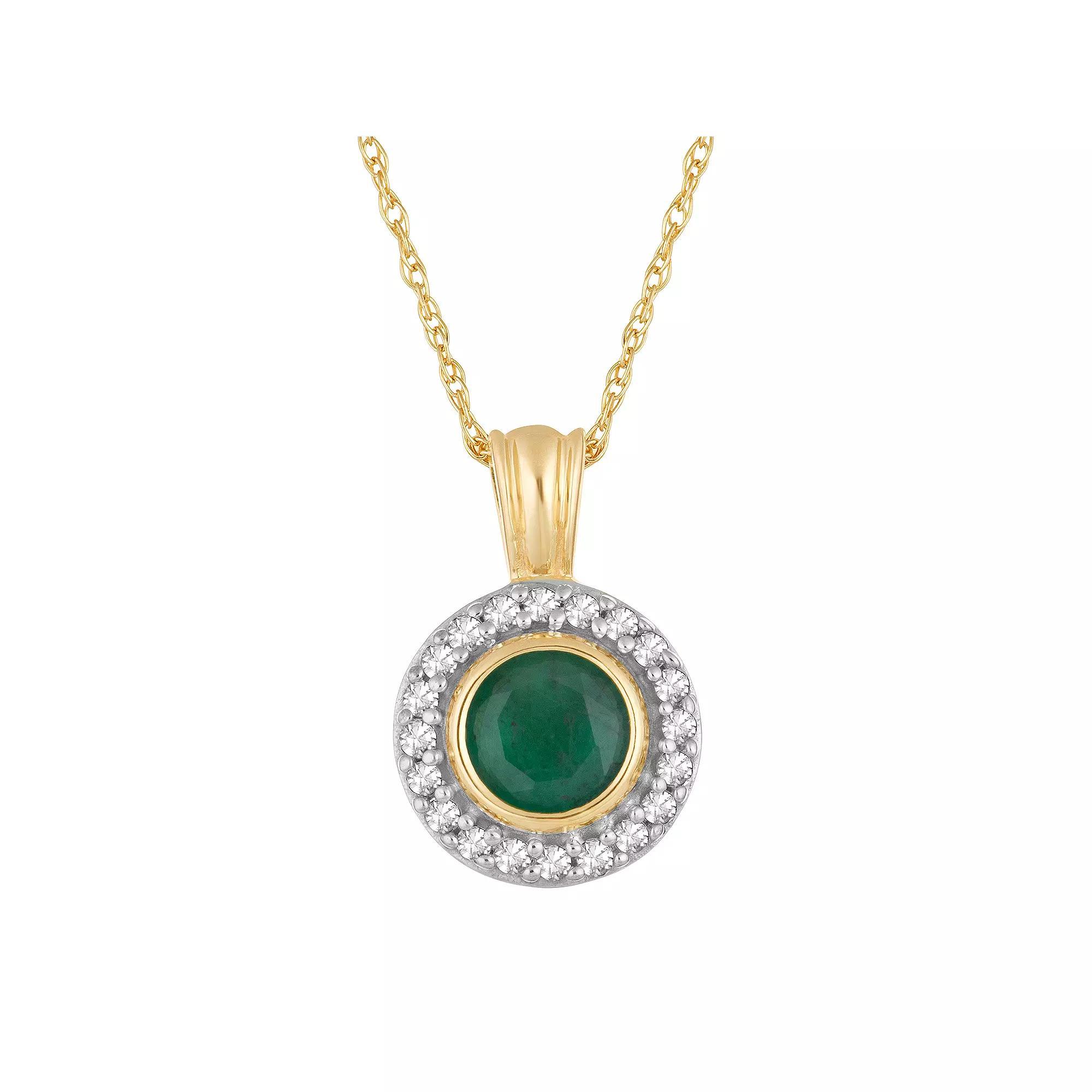 10k Gold Emerald & 1/10 Carat T.W. Diamond Halo Pendant Necklace, Women's, Size: 18" Product Image