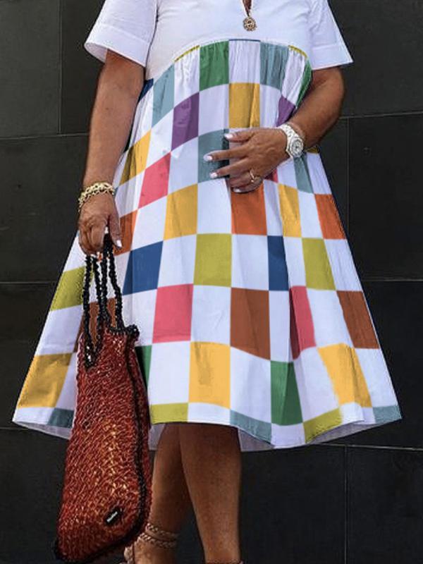 Loose Short Sleeves Printed Rainbow Plaid V-Neck Midi Dresses Product Image