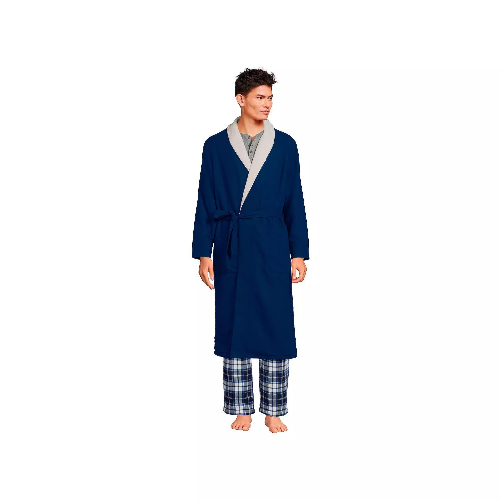 Mens Lands End Sherpa-Lined Flannel Robe Deep Blue Product Image