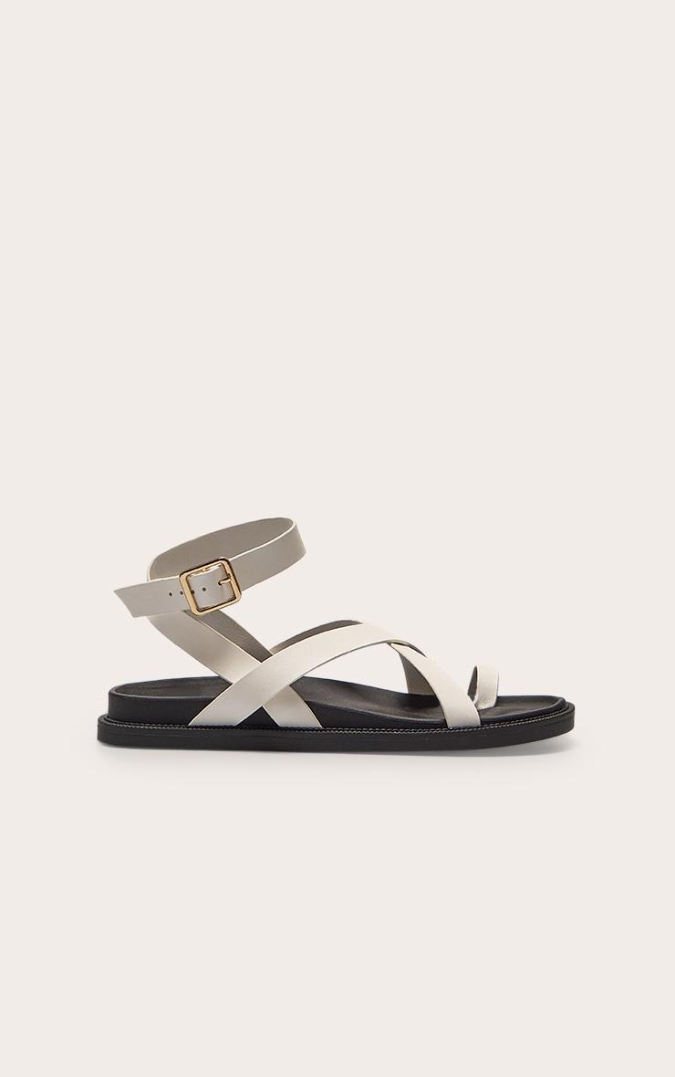 Cream Pu Round Toe Gold Toe Loop Strappy Footbed Sandals Product Image