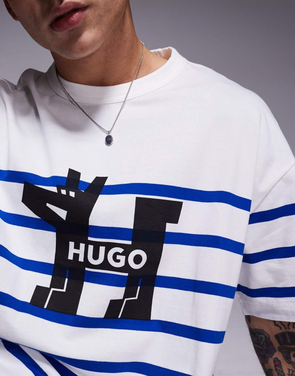 HUGO Blue Nolastripe loose fit striped logo t-shirt in white and blue Product Image