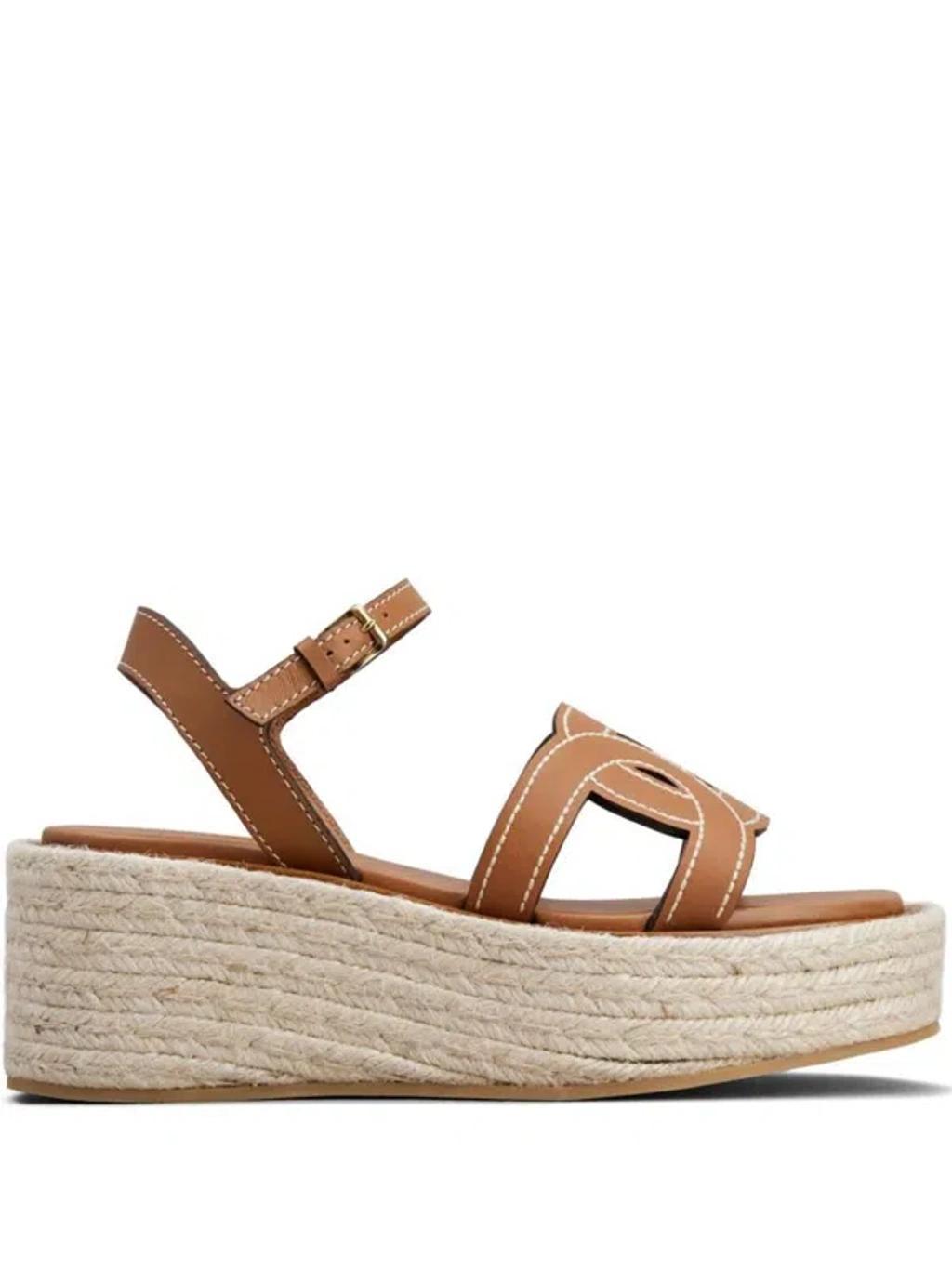 TOD'S Rafia And Leather Wedge Sandals In Brown Product Image
