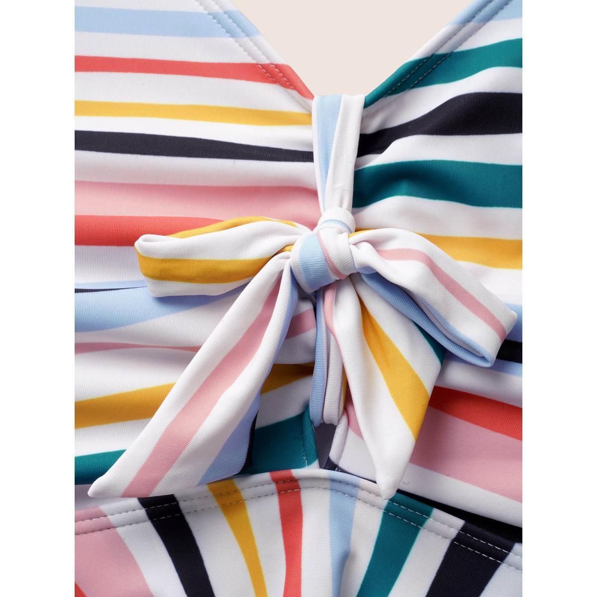 Plus Size Striped Tie Knot Tiered Hem Swim Top Women's Swimwear Multicolor Beach Gathered High stretch Bodycon V-neck Curve Swim Tops BloomChic 30/6X Product Image