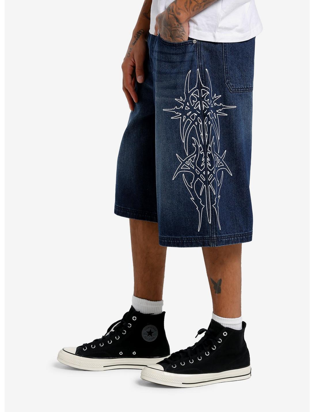 Dark Indigo Cyber Tribal Print Wide Denim Shorts Product Image