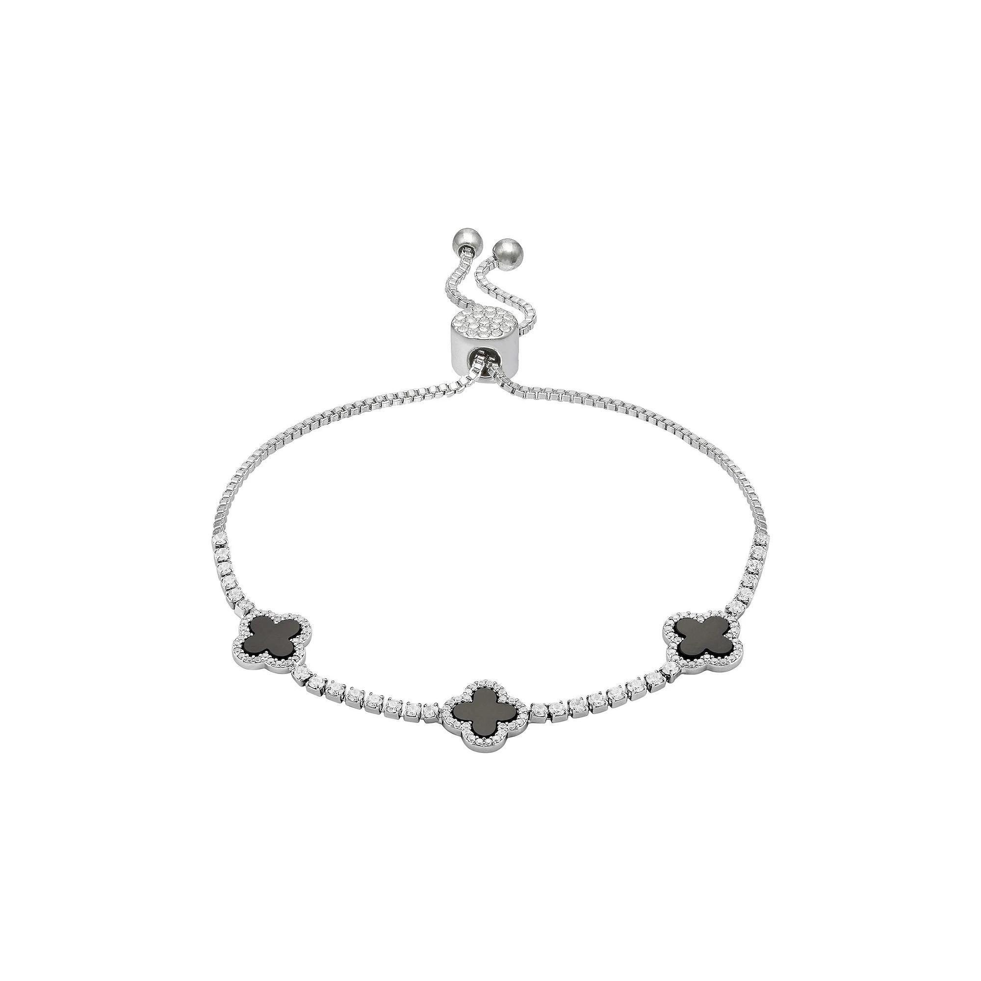 Brilliance Fine Silver Plated Cubic Zirconia and Stone Triple Clover Slider Bracelet, Women's, Size: 4-10" ADJ, Silver Tone Black Product Image