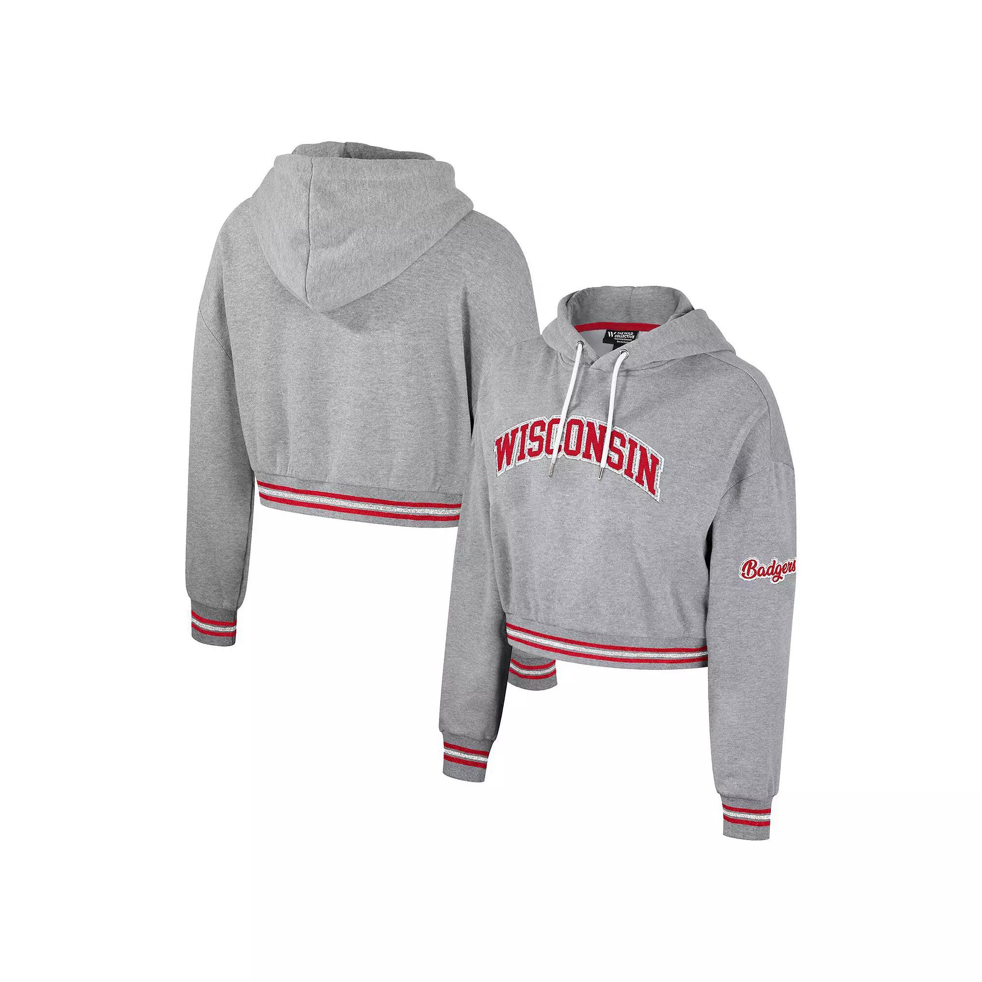 Women's The Wild Collective Heather Gray Wisconsin Badgers Cropped Shimmer Pullover Hoodie, Size: 2XL, Grey Product Image