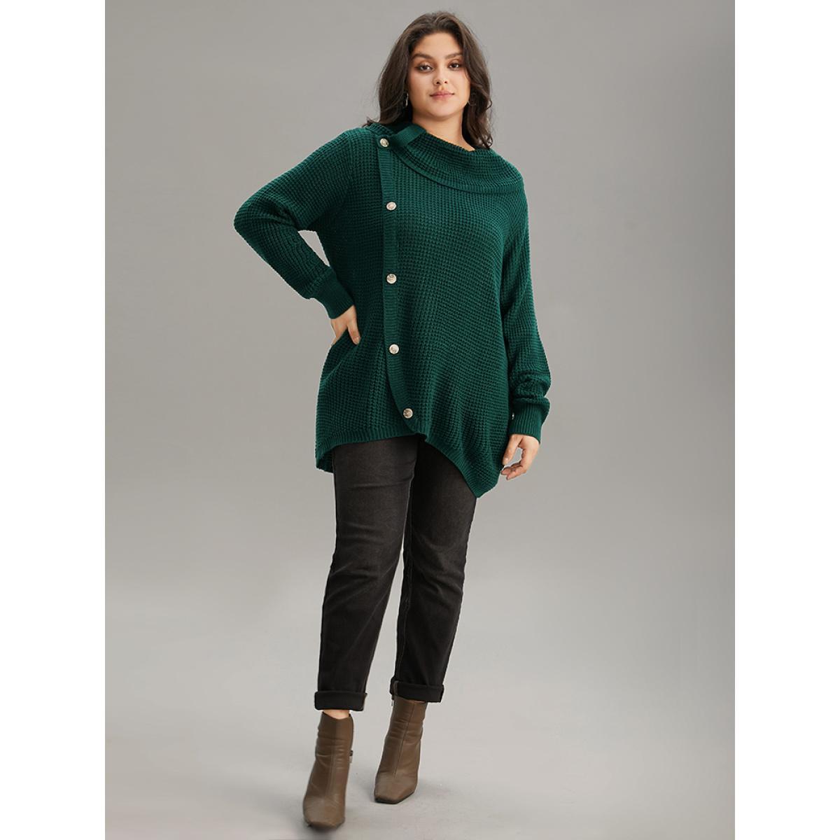 Plus Size Supersoft Essentials Anti-Pilling Button Detail Pullover DarkGreen Women Casual Loose Long Sleeve Lapel Collar Everyday Pullovers BloomChic 22-24/3X Product Image