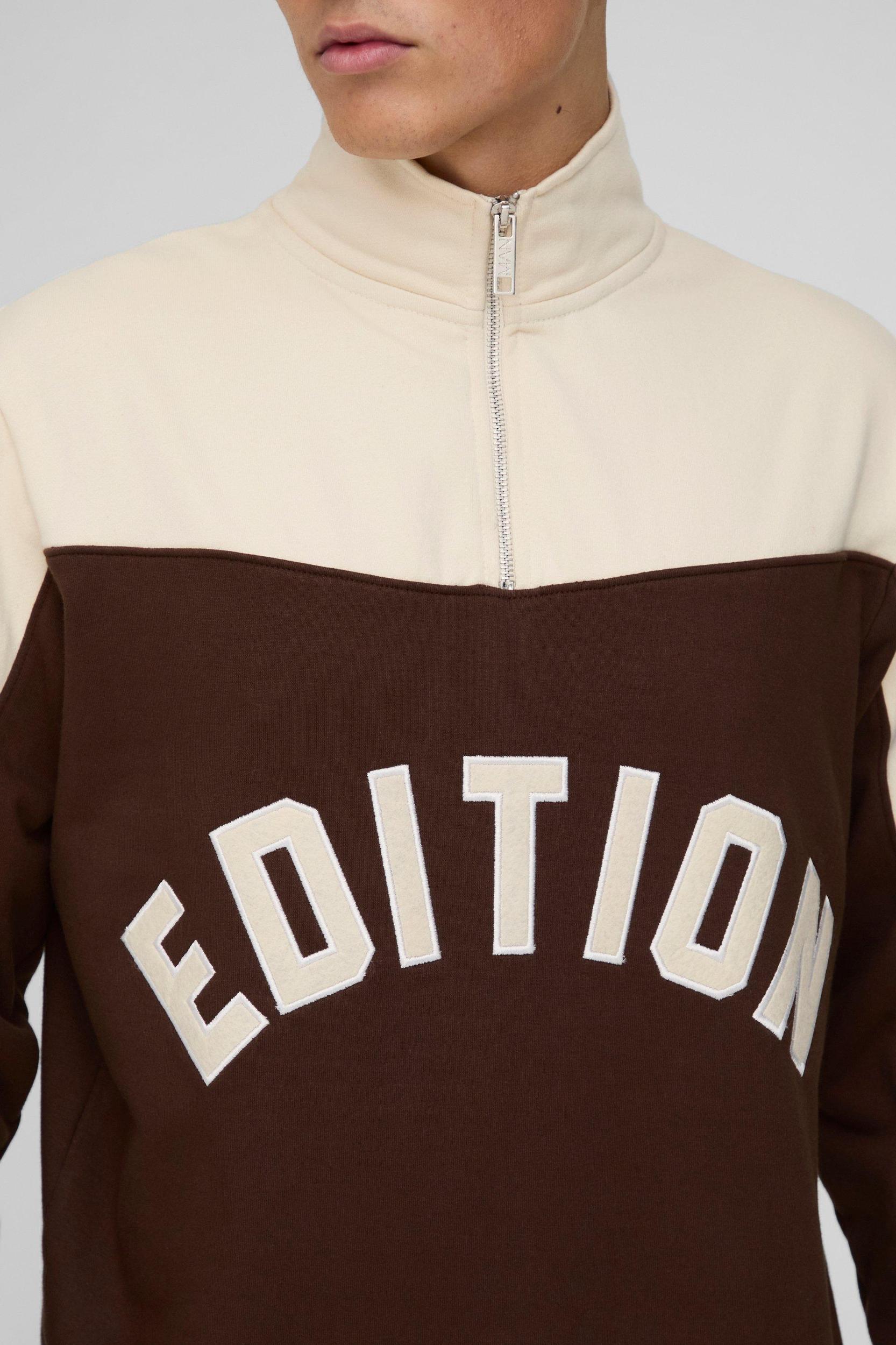 Regular Fit Applique Quarter Zip Loopback Colour Block Funnel Neck | boohooMAN USA Product Image