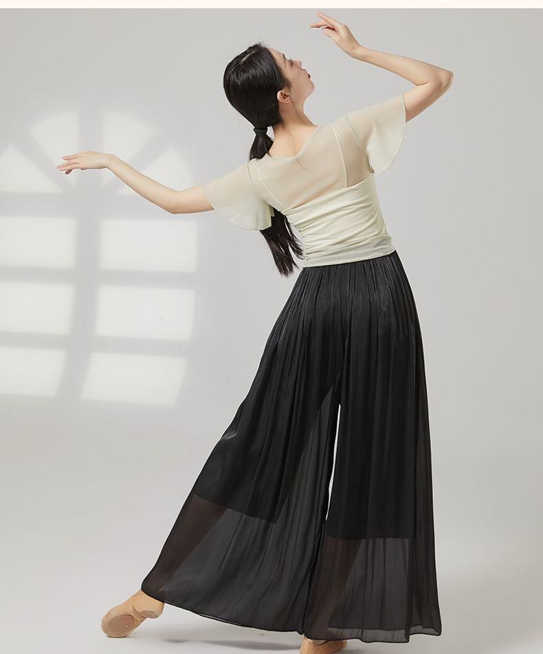 Short-Sleeve V-Neck Plain Asymmetrical Mesh Dance Top Product Image