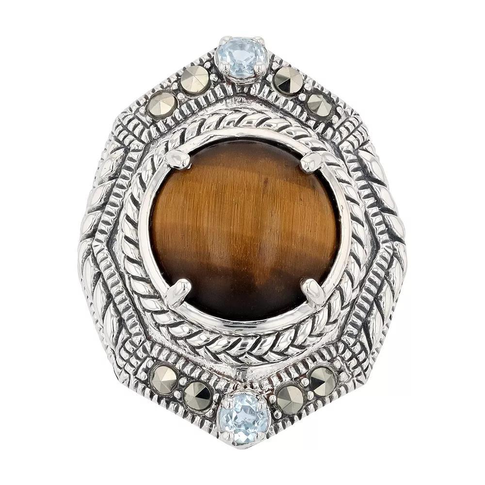 Lavish by TJM Sterling Silver Tiger Eye Sky Blue Topaz & Marcasite Dome Ring, Women's, Size: 8 Product Image
