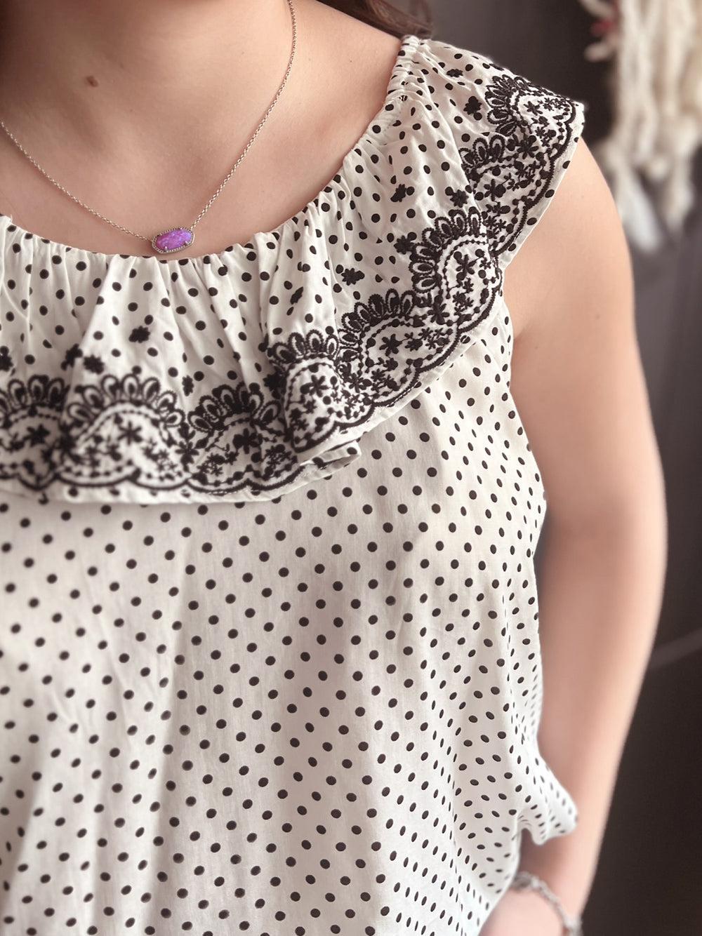 Ivory & Black Dot Embroidered Floral Ruffle Top Product Image