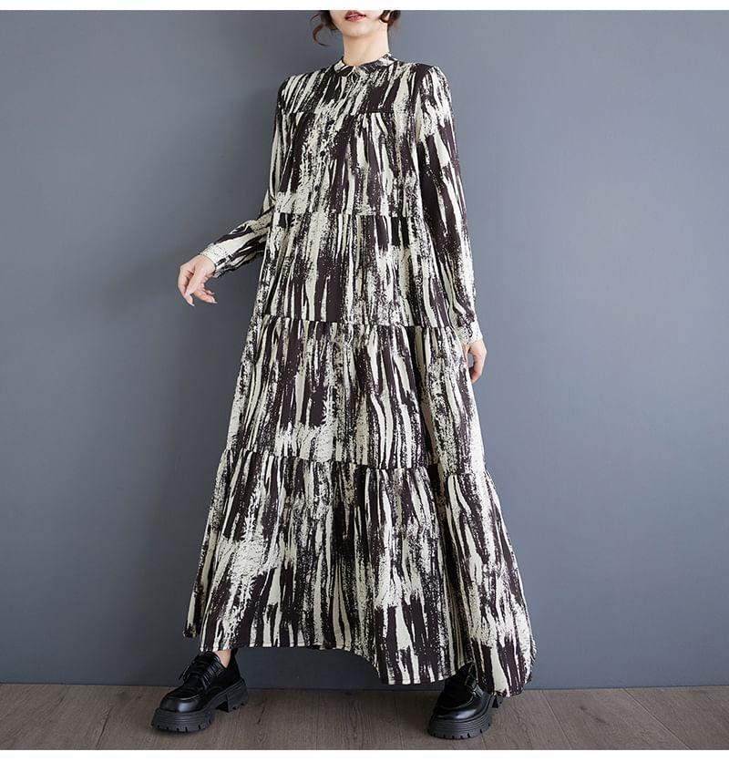 Long-Sleeve Band Collar Tie Dye Tiered Midi A-Line Dress Product Image