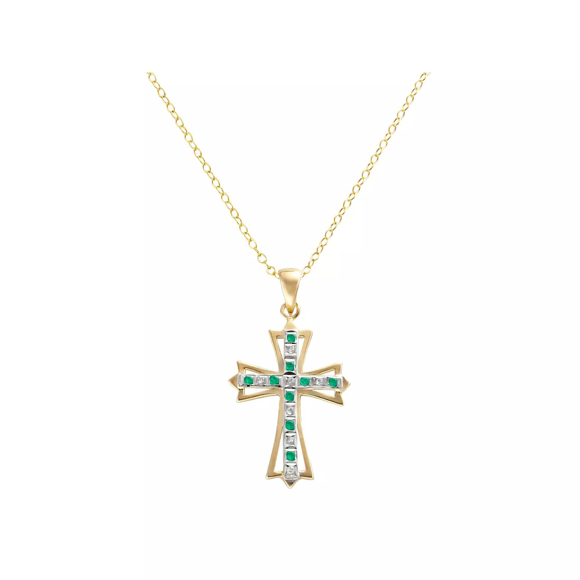 18k Gold-Over-Silver Emerald and Diamond Accent Cross Pendant, Women's, Yellow Product Image
