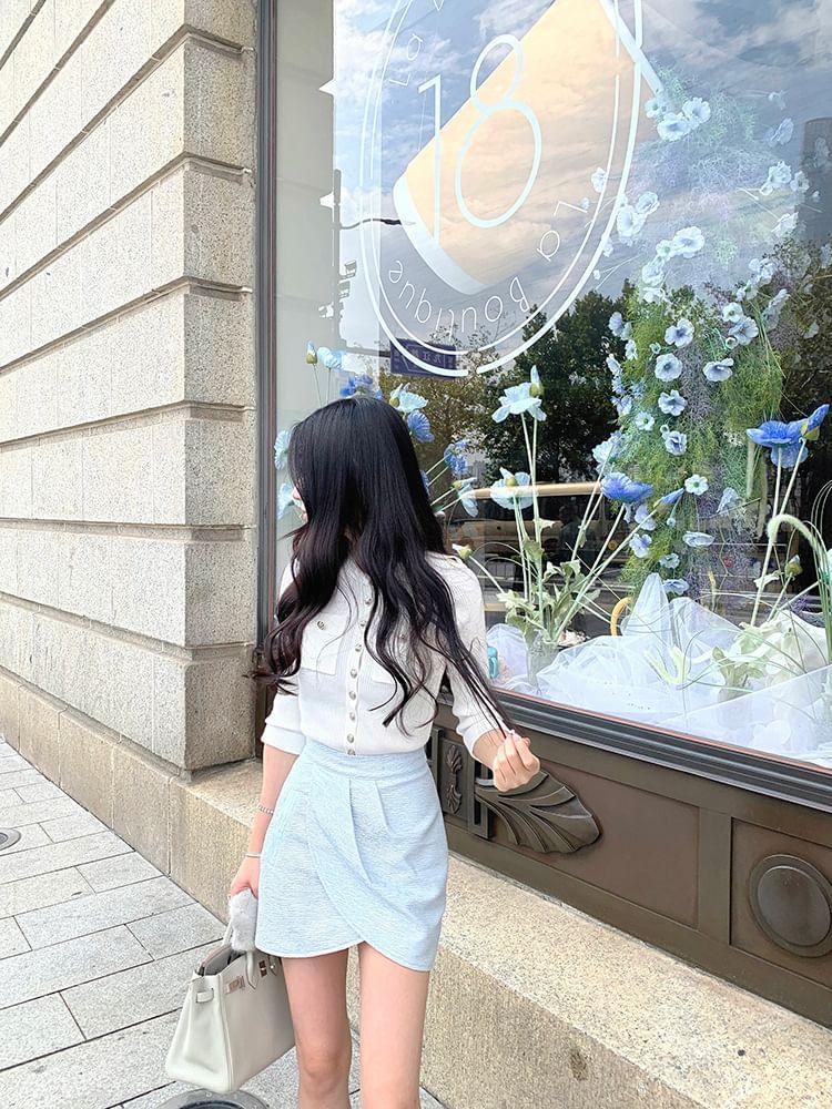 Elbow Sleeve Henley Plain Pocket Ribbed Knit Top Product Image