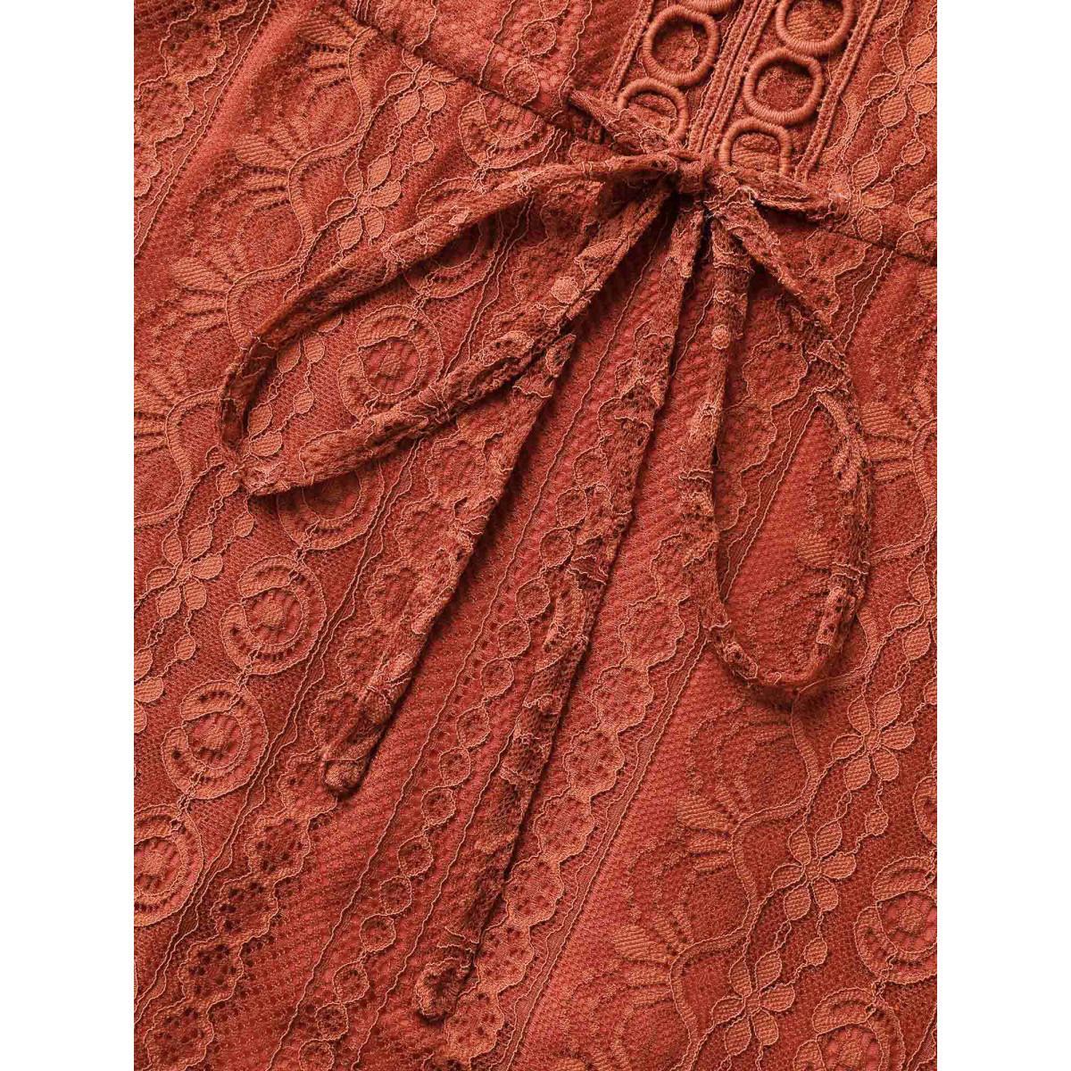 Plus Size Russet V Neck Lace Panel Drawstring Blouse Women Elegant Short sleeve V-neck Everyday Blouses BloomChic 30/6X Product Image