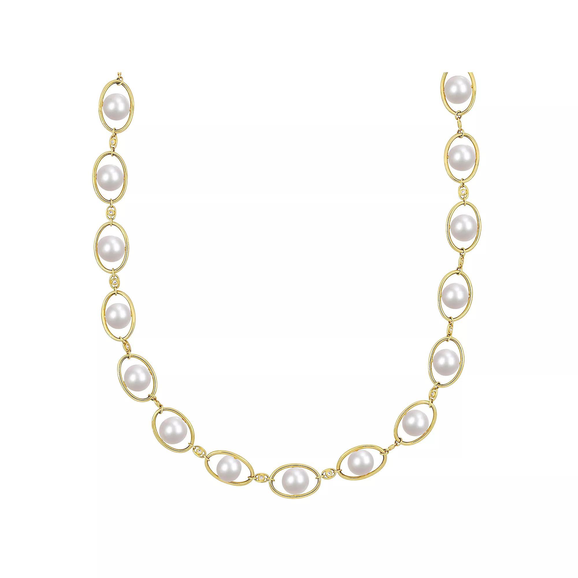 Stella Grace 18k Gold Over Silver Freshwater Cultured Pearl & Cubic Zirconia Oval Link Necklace, Womens 18k Gold Plated Product Image