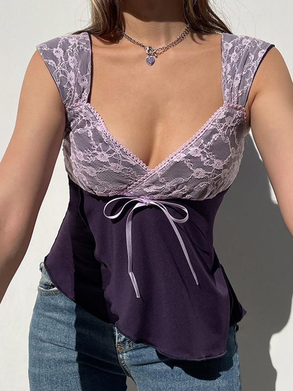 Lace Patchwork Bow Irregular Tank Top Product Image