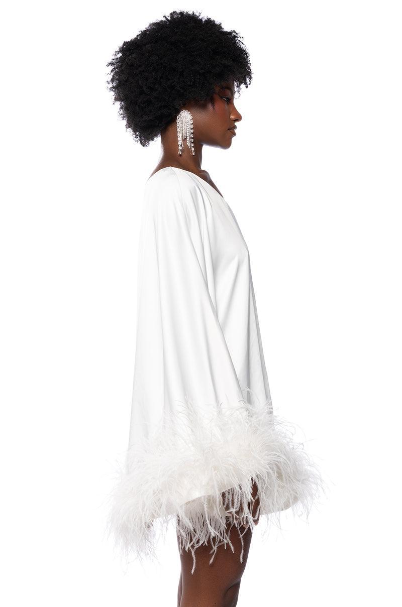 ISNT IT LOVELY ONE SHOULDER FEATHER HEM MINI DRESS IN WHITE Product Image