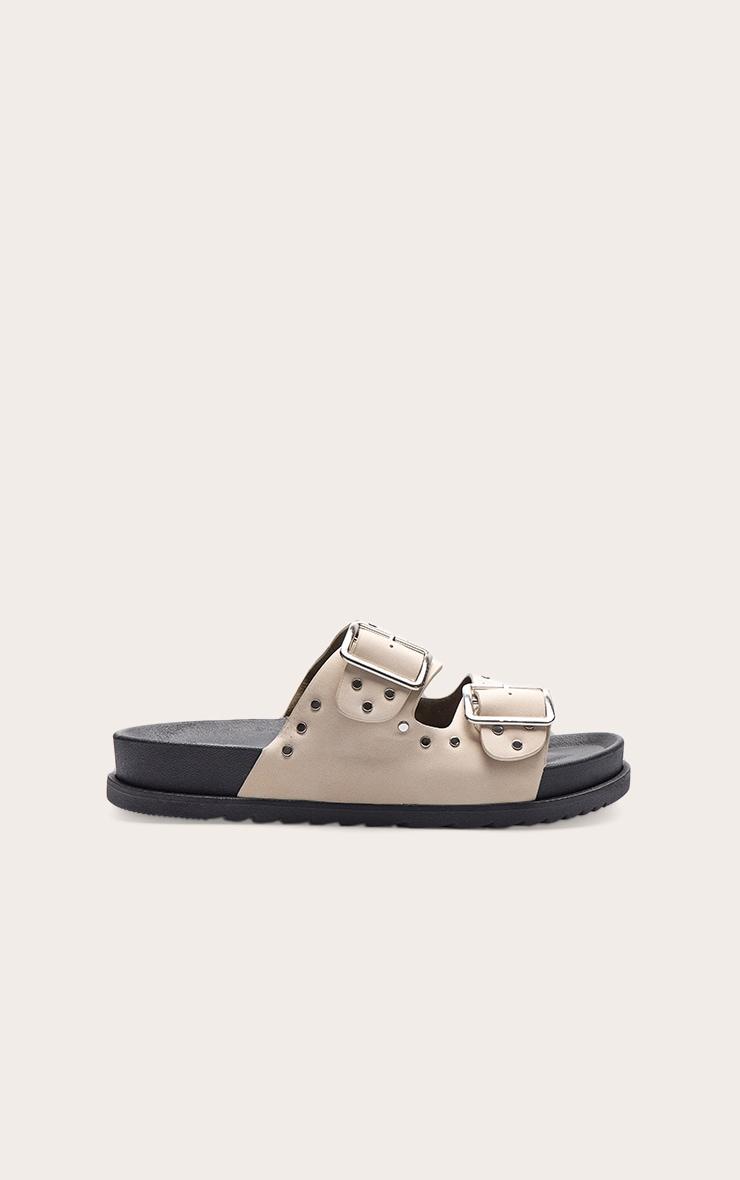 Beige Double Buckle Faux Suede Flatbed Sandals Product Image
